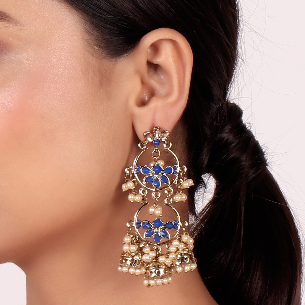 Stylish Traditional Pearl Gold Plated & Blue-Toned Kundan Classic Jhumkas