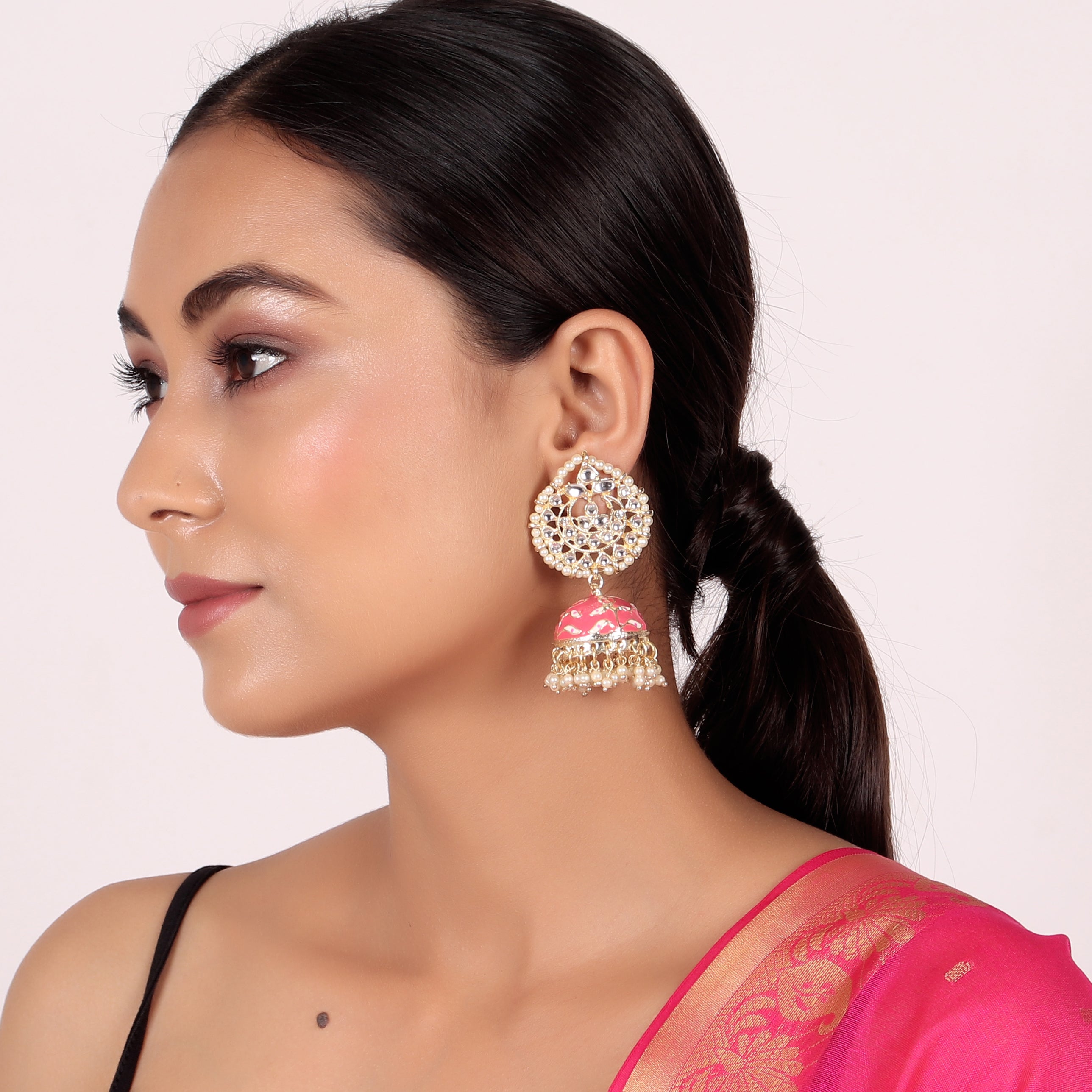 Pearl Gold Plated Kundan Meenakari Jhumka/Jhumki Earring