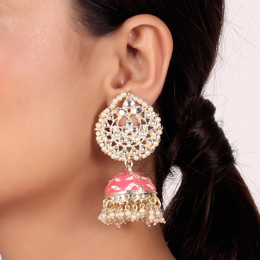 Pearl Gold Plated Kundan Meenakari Jhumka/Jhumki Earring