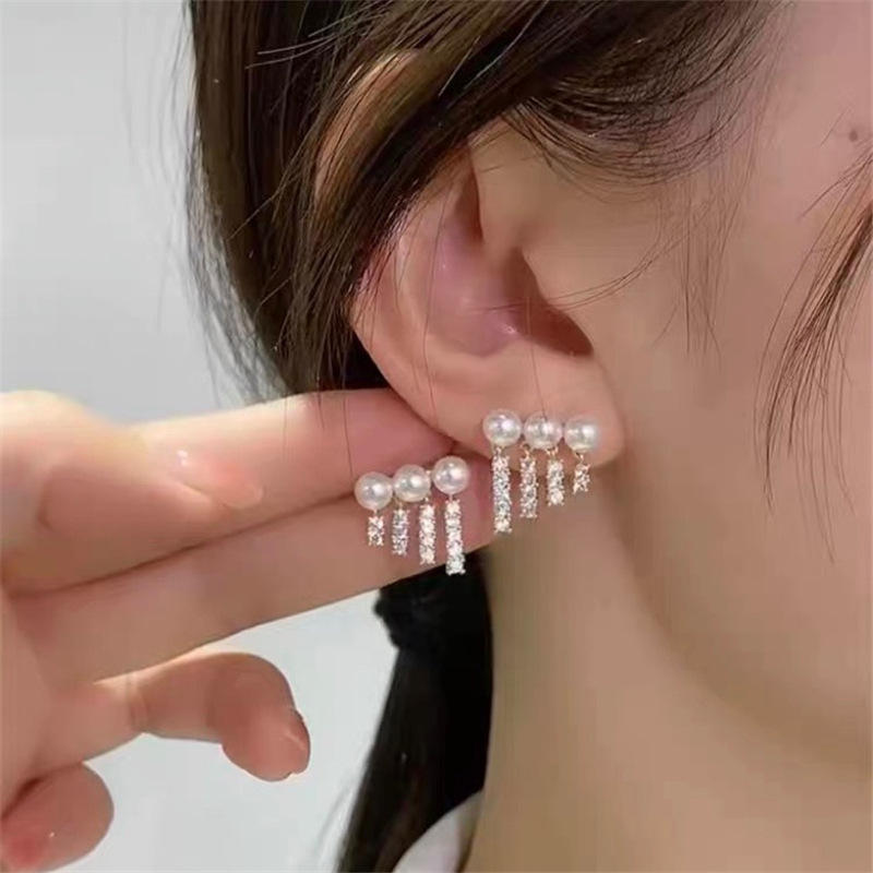 Fresh Water Pearl Vintage Earrings 4 Rows 925 Sterling Silver Post Rhinestone Crystal Tassel Stud Earrings