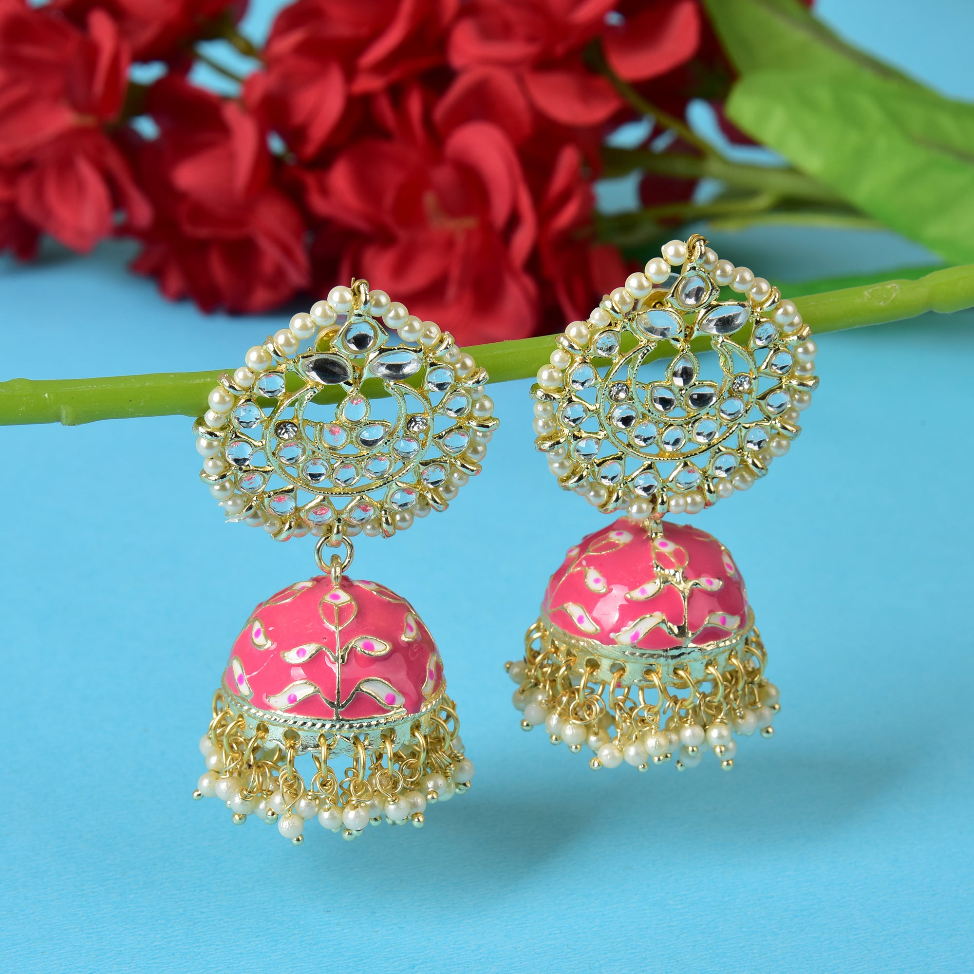 Pearl Gold Plated Kundan Meenakari Jhumka/Jhumki Earring