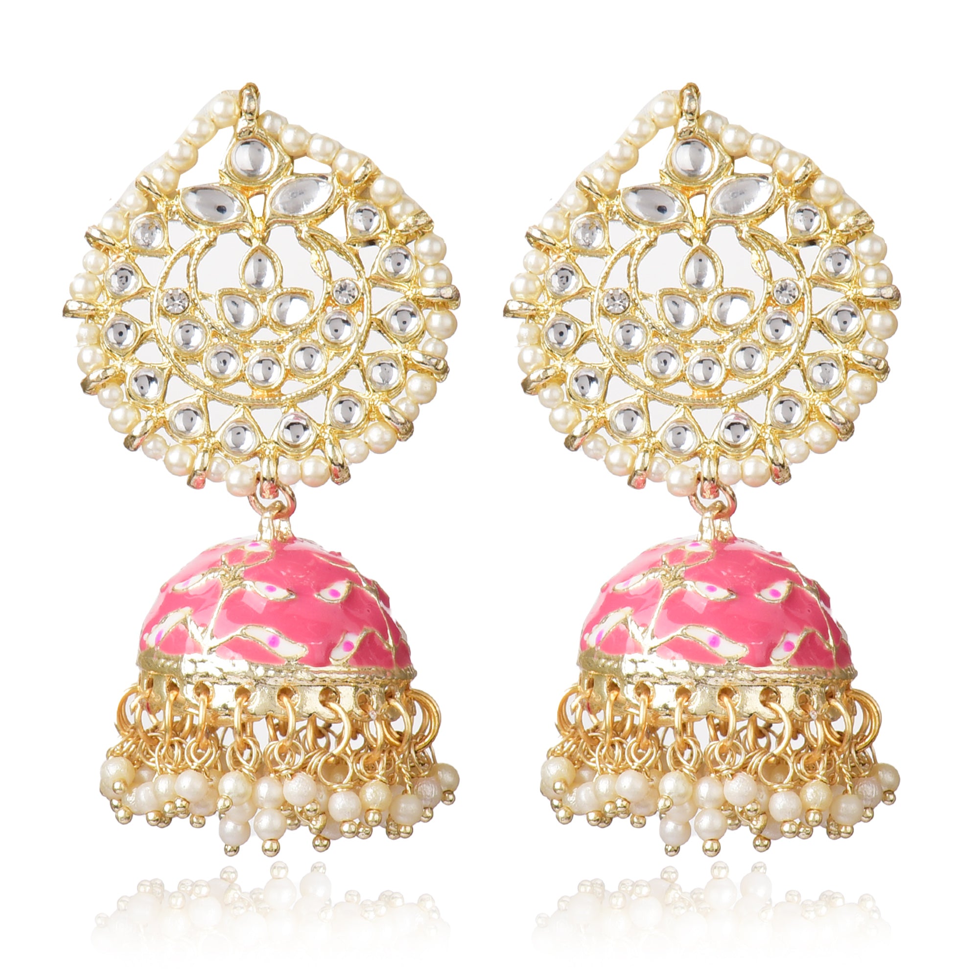 Pearl Gold Plated Kundan Meenakari Jhumka/Jhumki Earring