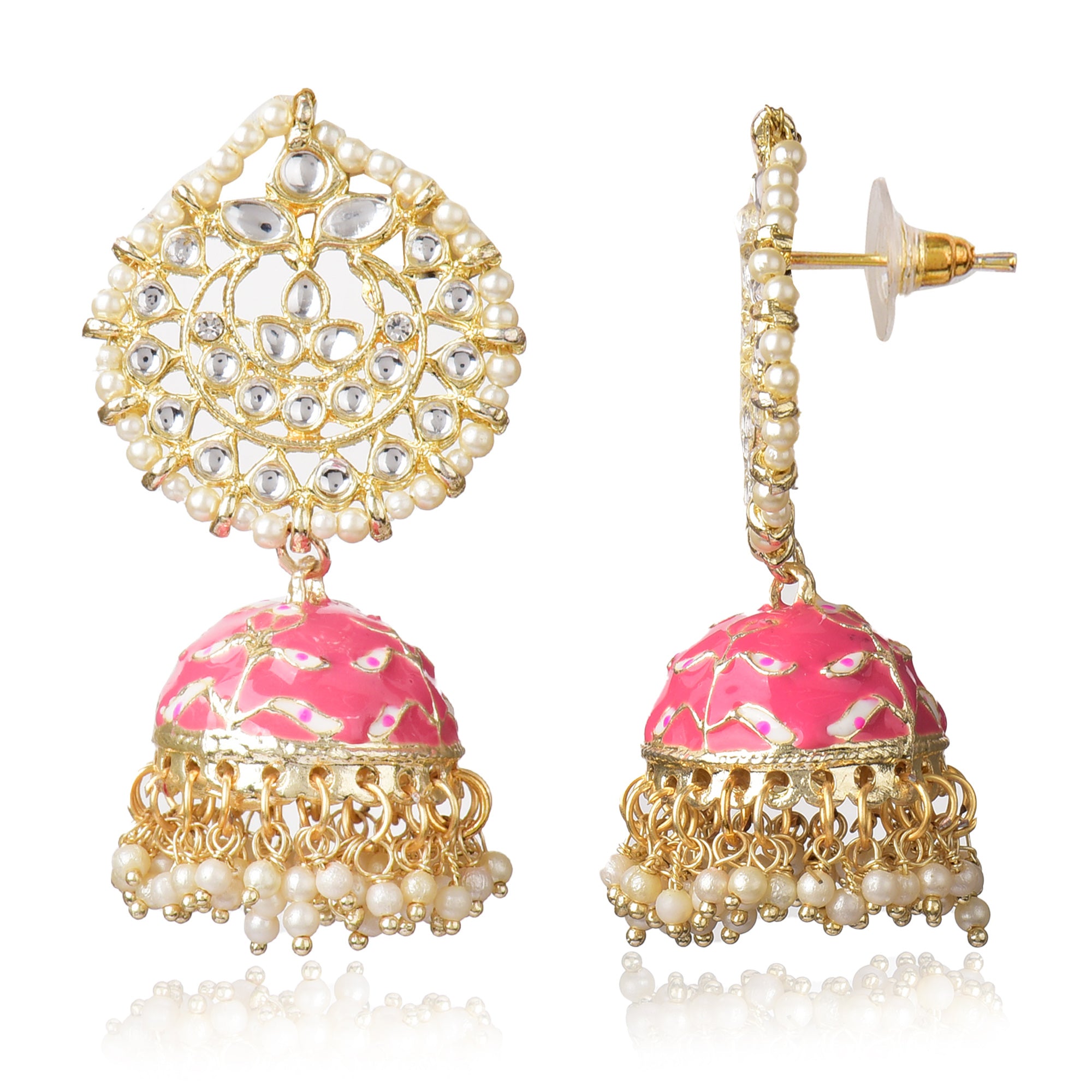 Pearl Gold Plated Kundan Meenakari Jhumka/Jhumki Earring