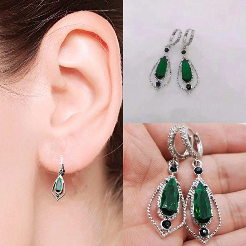 925 silver plated Big Geometric Green Emerald Drop Zircon hoop earring