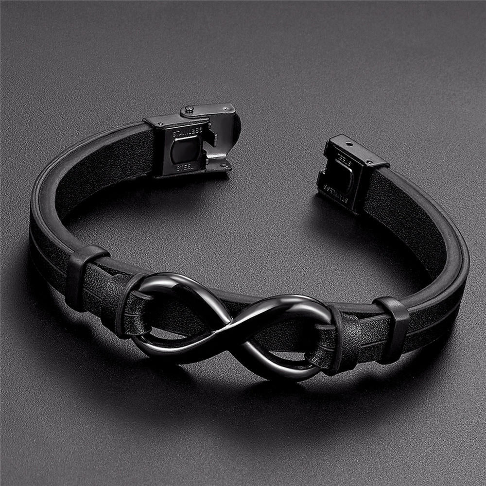 Black Infinity Charm Bangle with Metal Button Leather Bracelet for Men magnetic clasp bracelet