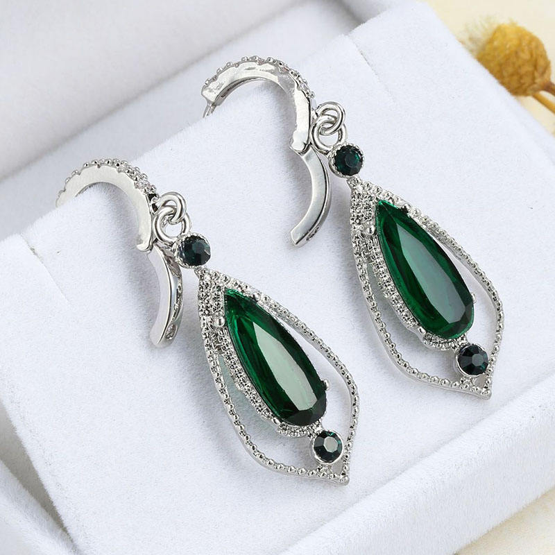 925 silver plated Big Geometric Green Emerald Drop Zircon hoop earring