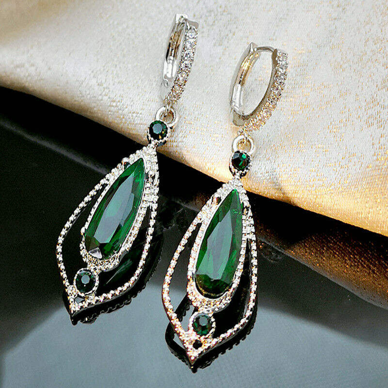 925 silver plated Big Geometric Green Emerald Drop Zircon hoop earring