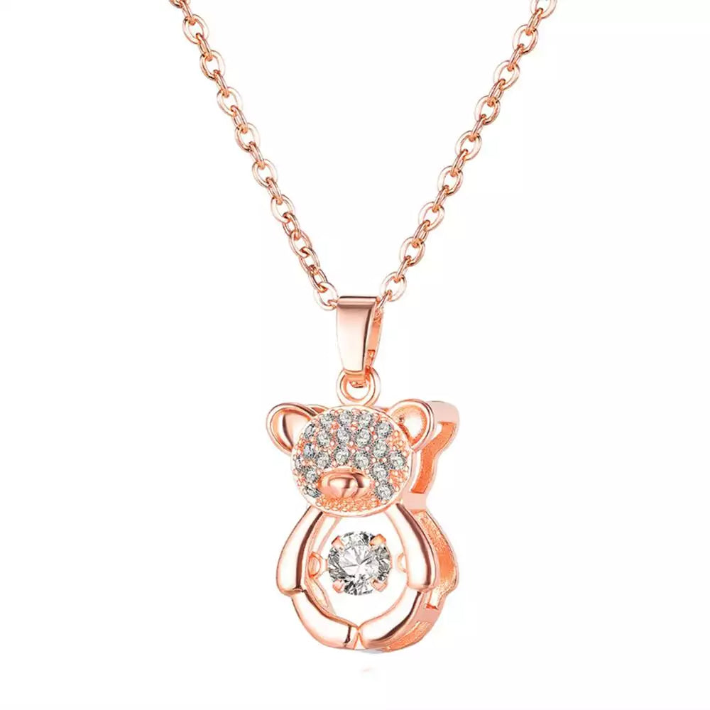 Rose Gold Plated Stainless Steel Zircon Dancing Diamond Teddy Bear Necklace Pendant
