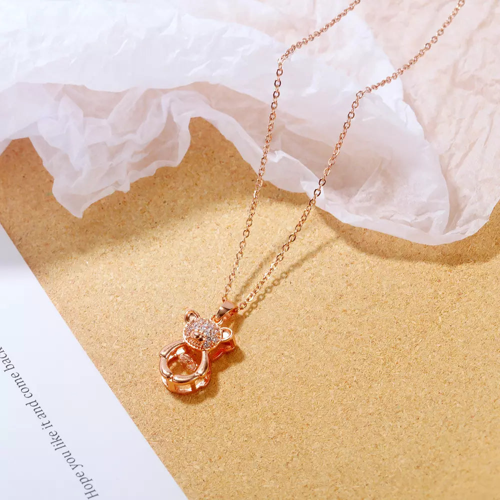 Rose Gold Plated Stainless Steel Zircon Dancing Diamond Teddy Bear Necklace Pendant