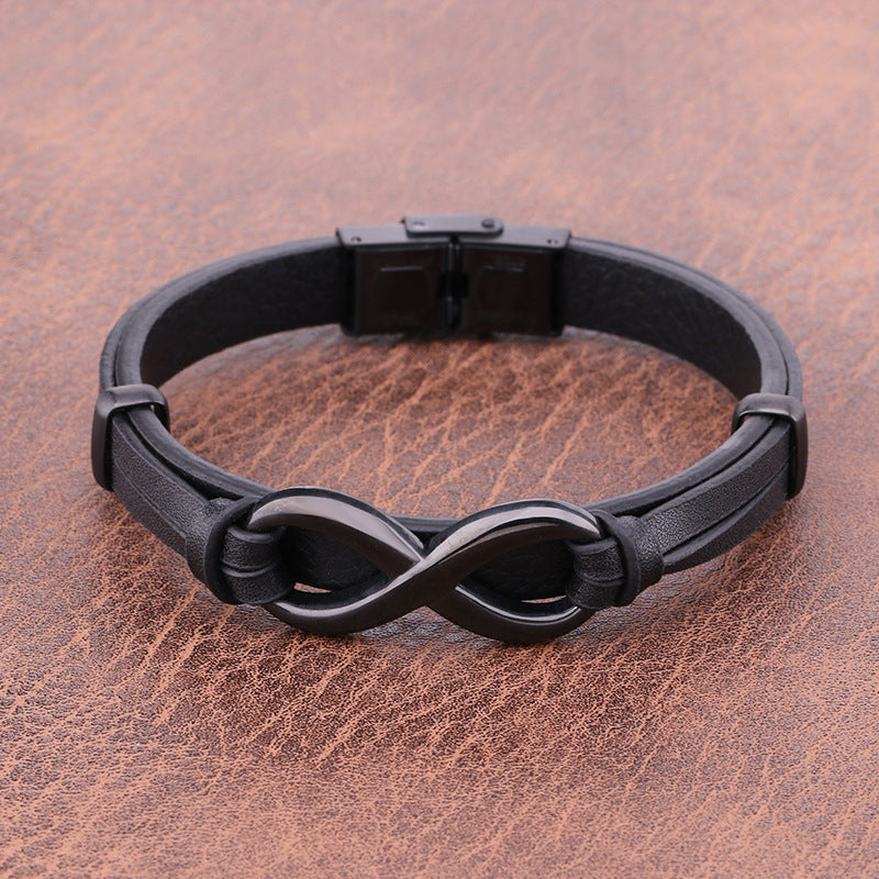 Black Infinity Charm Bangle with Metal Button Leather Bracelet for Men magnetic clasp bracelet