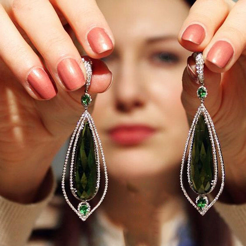 925 silver plated Big Geometric Green Emerald Drop Zircon hoop earring