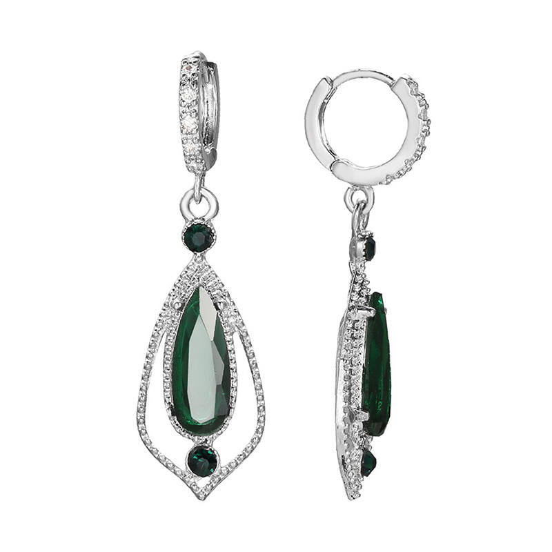 925 silver plated Big Geometric Green Emerald Drop Zircon hoop earring