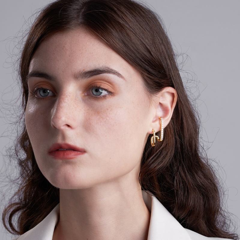 18k Gold Plated Pin Piercing Ear Cuff Cubic Zirconia Stud Earrings